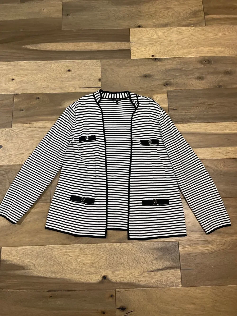 Talbots Size M Open‑Knit Blazer White With Black Stripes Button Detail